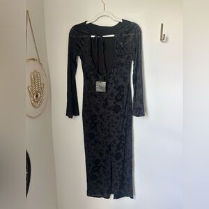 See you Monday Black Floral velvet long sleeve open back maxi Dress